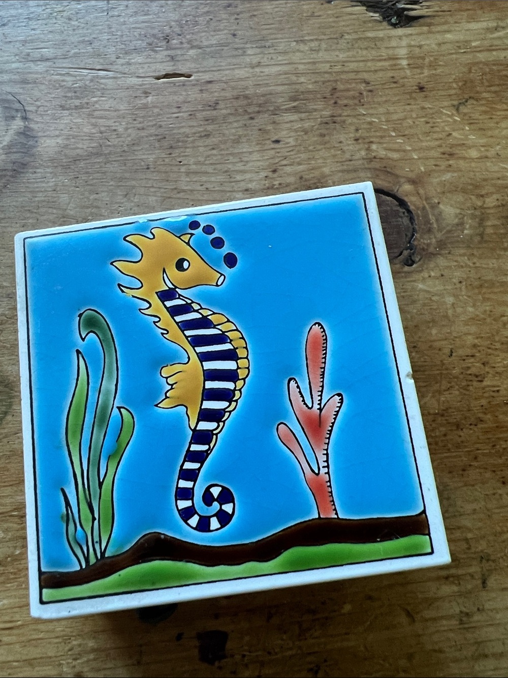 Vintage Souvenir Greek Ceramic Seahorse Tile Matchbox